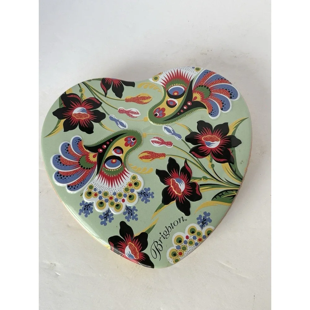 Brighton Large Tin Green Floral Design Heart Shaped Trinket Jewelry Gift Box